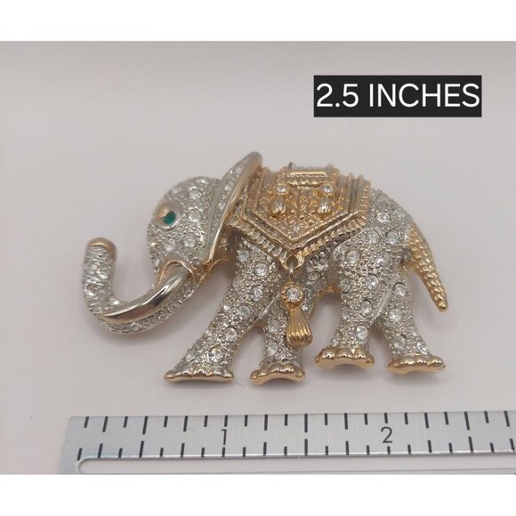 Estate Elephant Rhinestone Brooch Pin Vintage-Inspired W Green Eye~Hanging Charm - Picture 6 of 8
